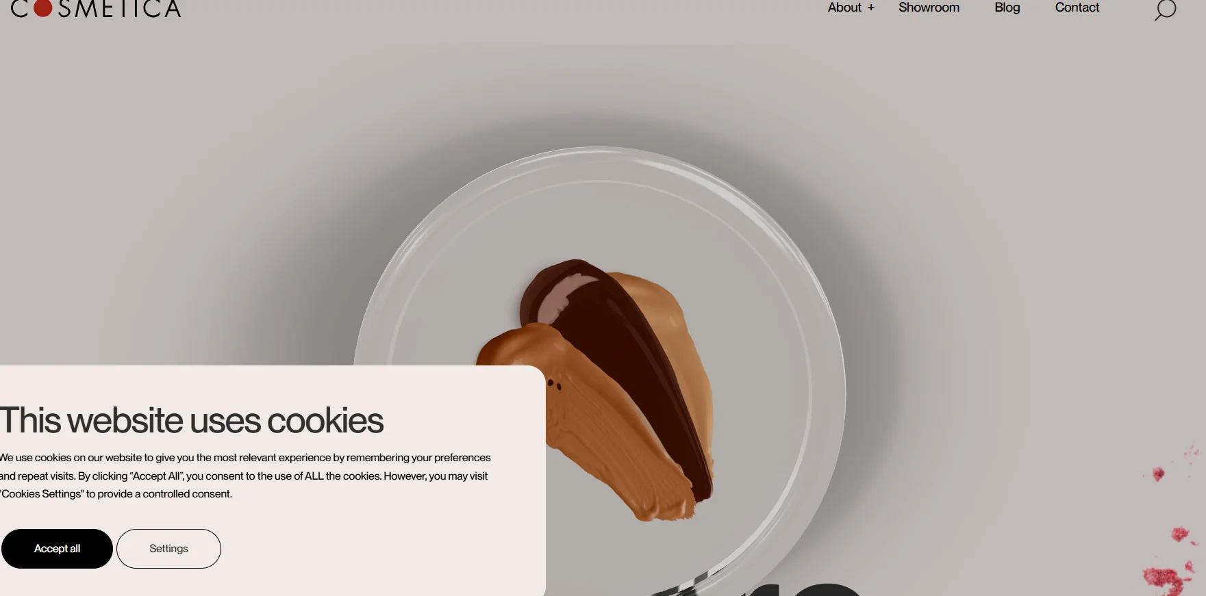 Cosmetica website displaying a cookies consent prompt with options to accept all or adjust settings.